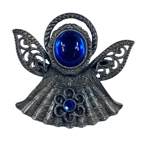 Angel Pin Brooch KC Dark Silver Tone Blue Stones Floral Accent Rhinestone Metal - Picture 1 of 12